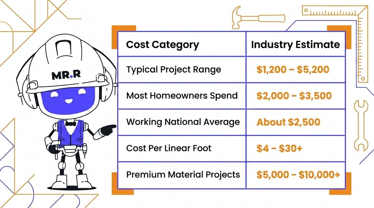 A technical cost driver infographic breaking down how linear footage, home height, seamless or sectional material types, downspout quantity, and fascia board conditions dictate gutter estimates.
